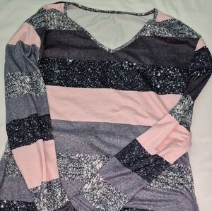 Graphic Sequin Pink and Gray Long Sleeve Mini Dress